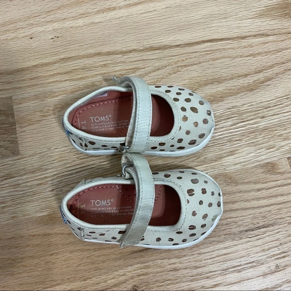 Toms Bronze Polka Dot Velcro Shoes Sz 4 Kids Baby Mary Jane Flats